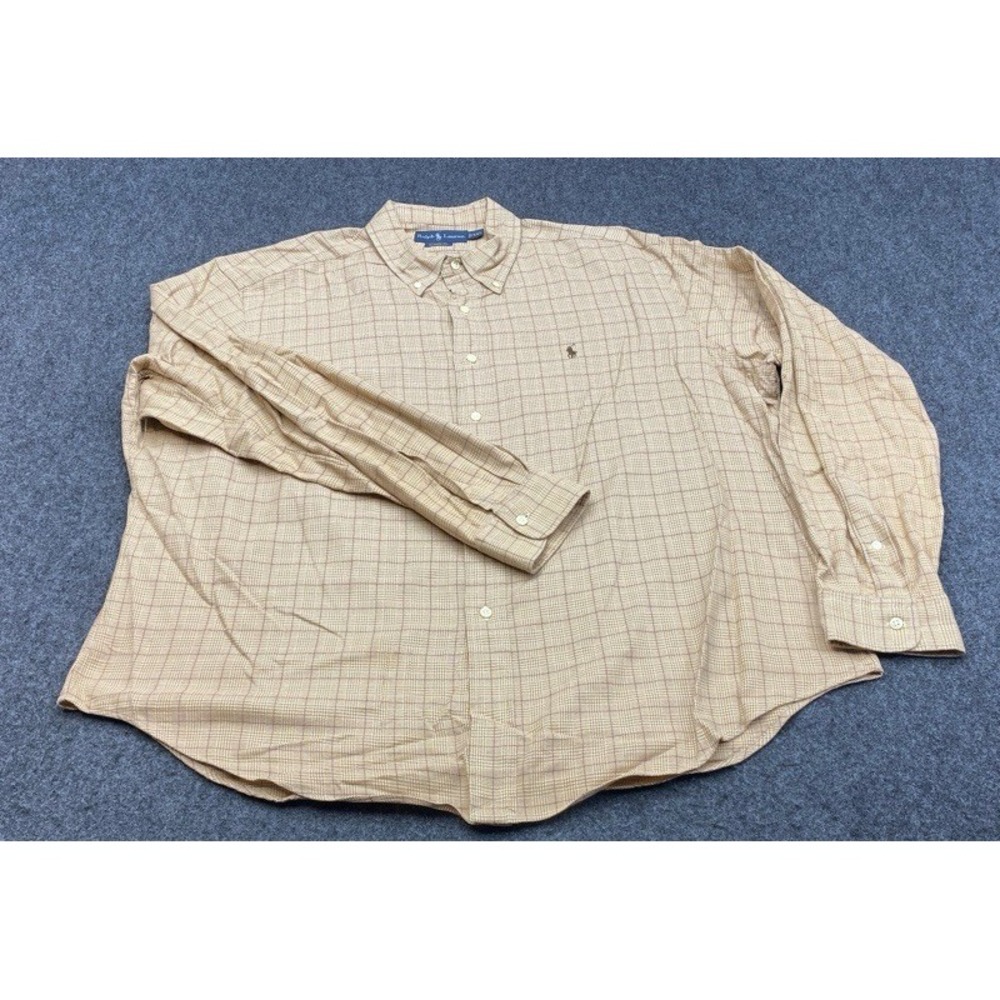 Ralph Lauren Button Down Shirt Mens XXL Tan Plaid Classic Fit Cotton Long Sleeve